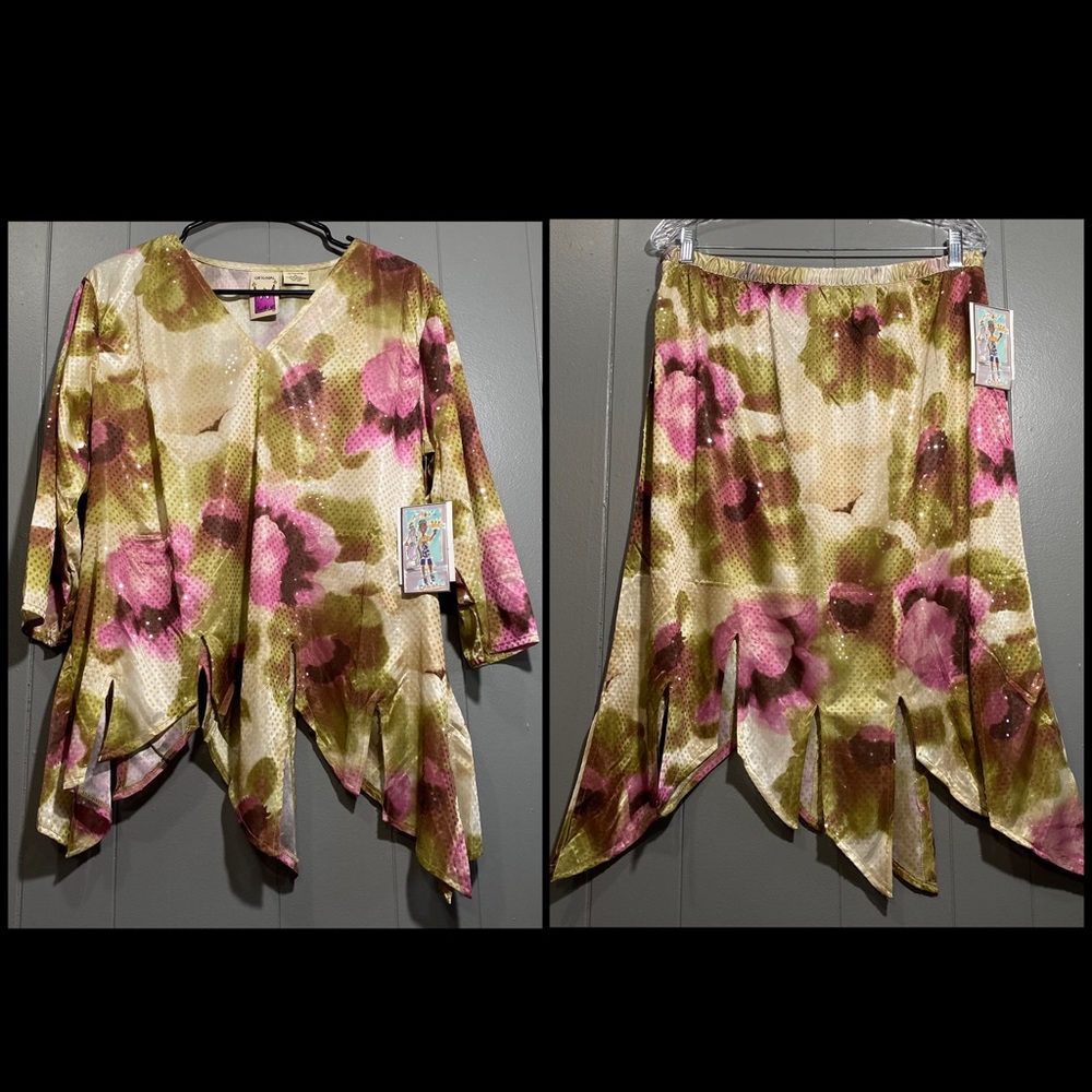 2 Pcs Antthony Original Size L Floral V-Neck Blouse & Midi Skirt Set Outfit